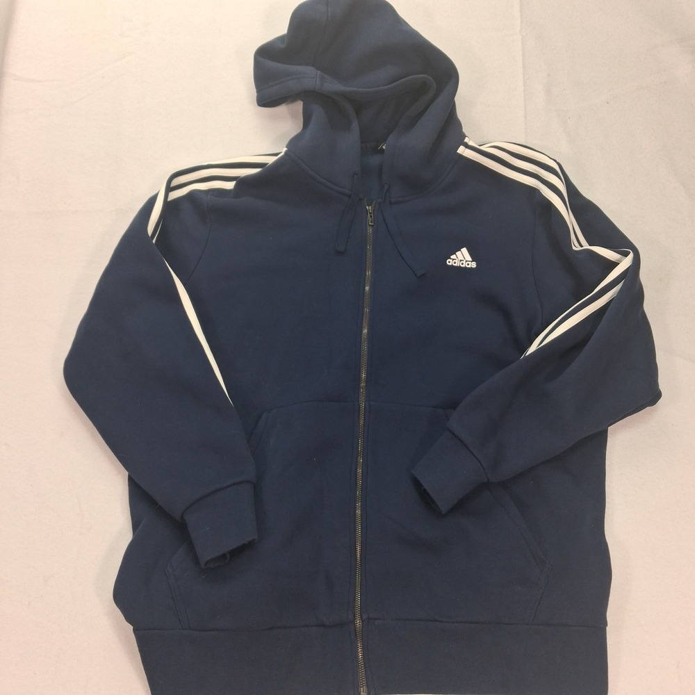 Adidas Hoodie Mens 2XL Full Zip Navy Blue 3 Stripe Fleece EUC